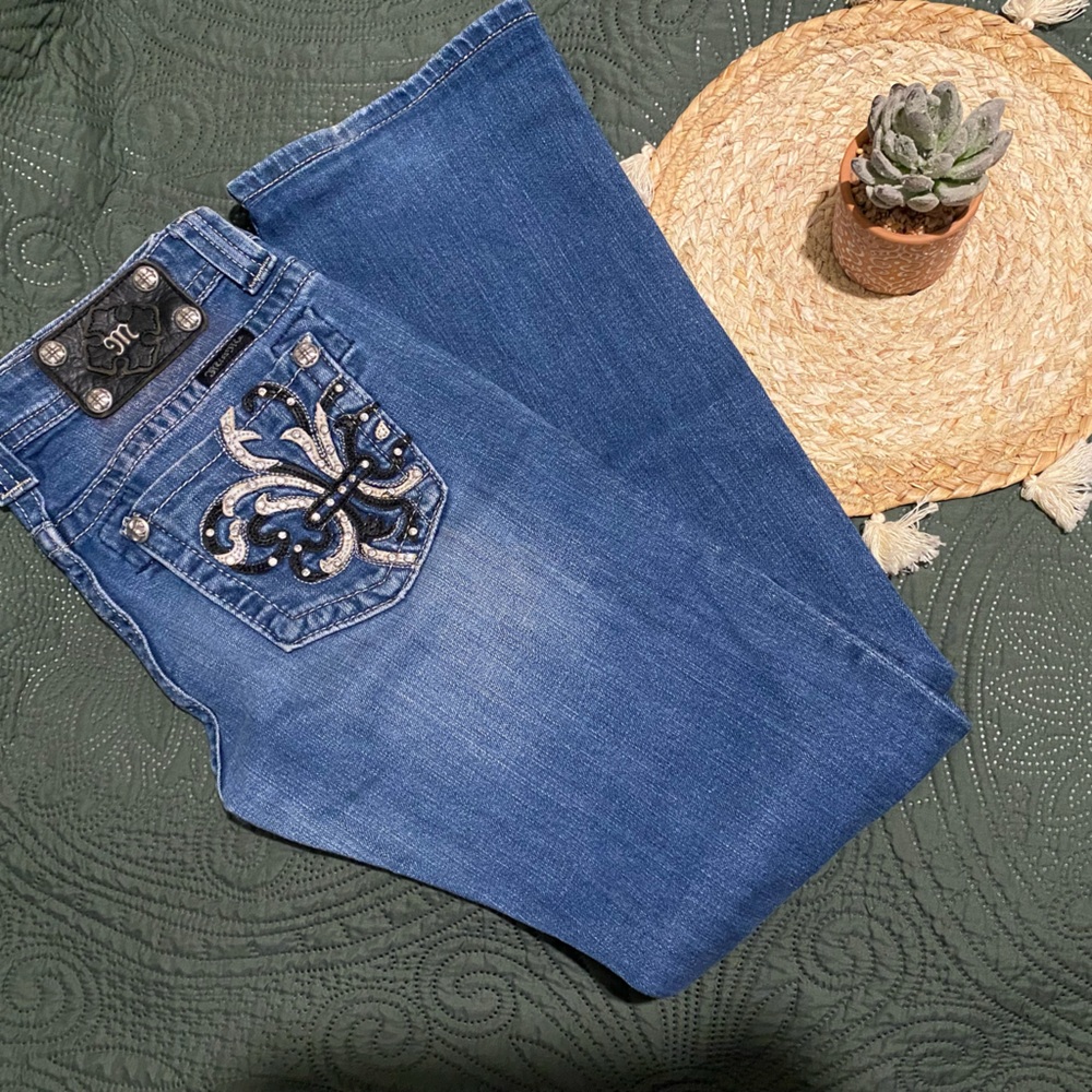 Miss Me Blue Boot Cut Jeans with Embellished Design — 28